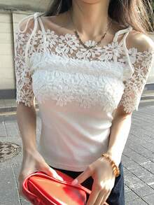 FRIFUL Women's Floral Lace Patchwork Off-Shoulder Short Sleeve T-Shirt Summer - White - View 10