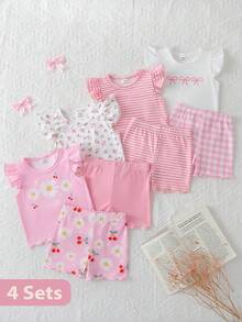 SHEIN Playful Pals 韓式甜美女童T恤短褲套裝，荷葉邊裝飾、飛袖、蝴蝶印花、條紋、小雛菊、花卉圖案，柔軟夏季百搭女嬰套裝，多色可選 - 粉色 - 查看 3
