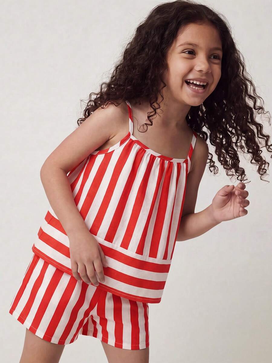 Maija Kids Maija Kids 女童編織條紋背心與短褲休閒度假套裝 - 紅白色 - 查看 1