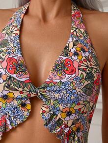 Swim Lushoire 女款花卉印花荷葉邊鏤空性感熱帶輕盈掛脖繫帶連身泳衣 米色 夏季海灘度假 - 彩色 - 查看 8