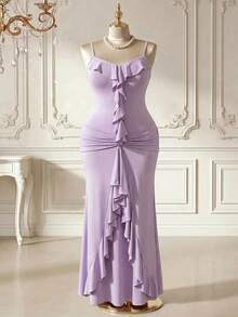 DreamSkyne Elegantes gestricktes Bodycon-Kleid in Taro-Lila Große Größen für Damen mit Rüschen vorne und hinten sowie plissierter, taillierter Taille - Lila - Übersicht 9