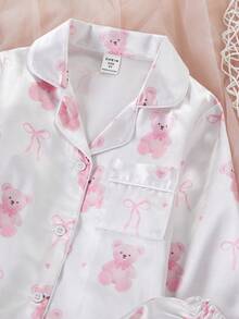 Genkimix Kids 女童緞面蝴蝶結印花長袖開襟衫與長褲兩件套，居家休閒服，春/秋季 - 白色 - 查看 6