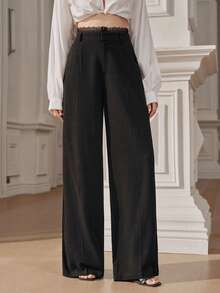 Anewsta Pantalones de traje negro de mujer de cintura alta con volantes, versátiles, casuales y de lino para vacaciones de verano - Negro - Ver 5