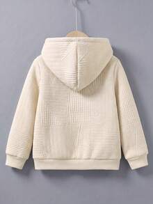 SHEIN Explorewe 男童休閒幾何圖案布料恐龍刺繡連帽拉鍊長袖衛衣，保暖內裡，舒適簡約，秋冬款 - 杏色 - 查看 2