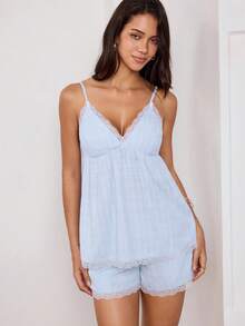SHEIN Nuevo Conjunto de Pijama de Camisola y Pantalones Cortos con Estampado de Rayas Azules y Cuadros de Helado Dulce, Ropa de Estar en Casa con Ribete de Encaje y Patchwork para Mujer, Ligero para el Verano - Azul - Ver 6