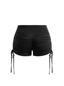 Cheerettes Women's Plus Size Solid Color Pleated Casual Versatile Daily Travel Sports Shorts Black High Waist Stretch Fabric Side Drawstring Tummy Control Butt - Black - View 8