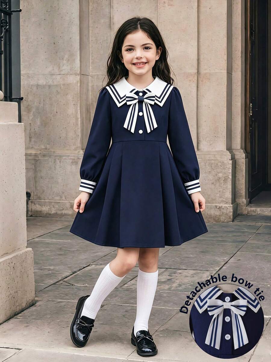 Elladie kids 女童日系校風深藍領印花純色深藍親膚柔軟梭織布料光滑舒適長袖收腰A字洋裝單件套裝,適合日常上學、外出、拍照、生日派對,公主風制服洋裝 - 藏蓝色 - 查看 1
