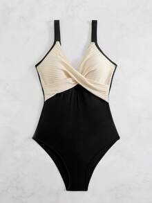 Swim Lushoire 1pc Striped Special Fabric Crossed Chest Monokini Swimsuit For Summer Beach Vacation - Multicolor - View 6