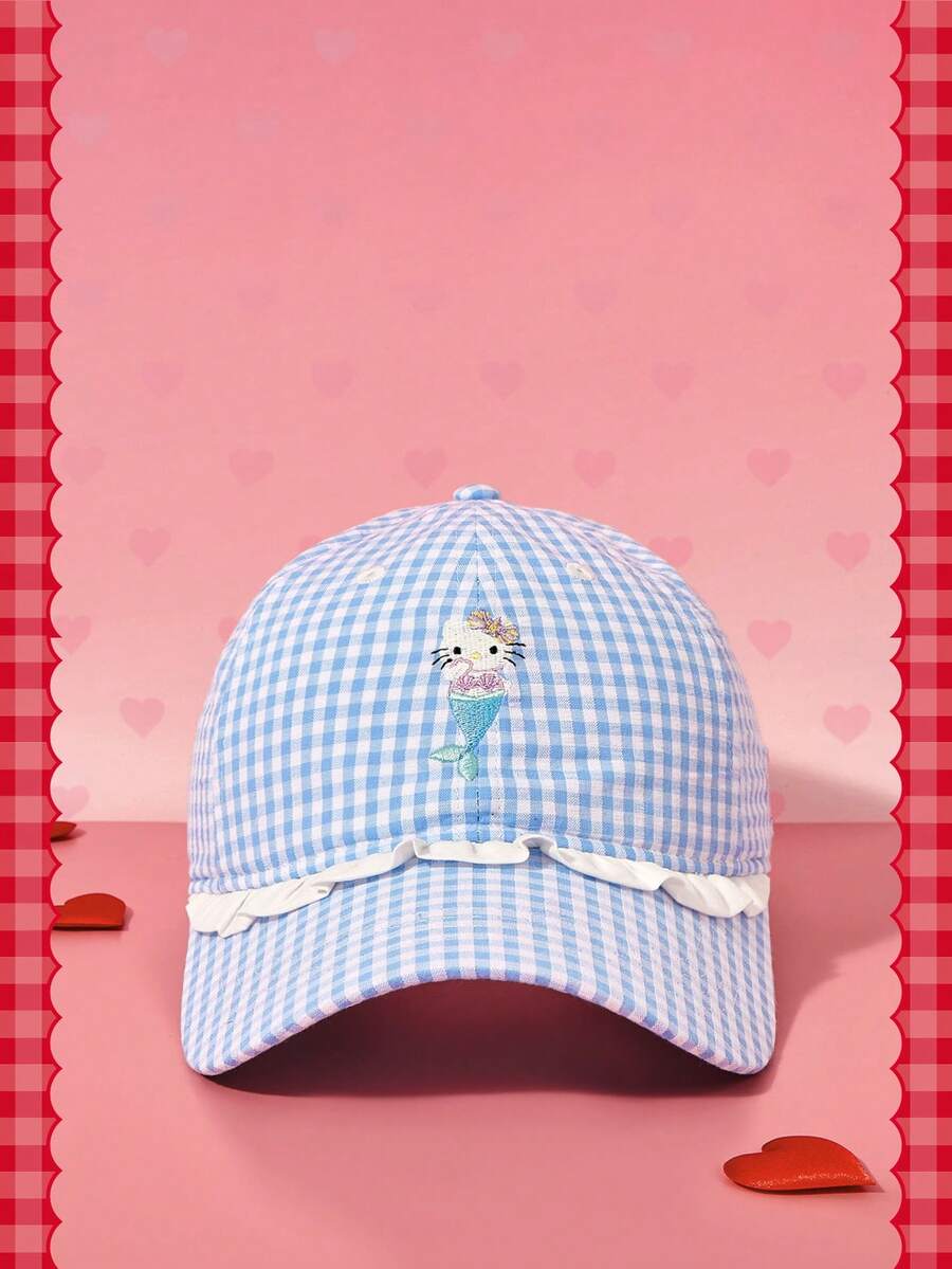 HELLO KITTY AND FRIENDS | SHEIN A Lady, Cute, Embroidered, Lace, Plaid Baseball Cap, Daily Outings - Blue - View 1