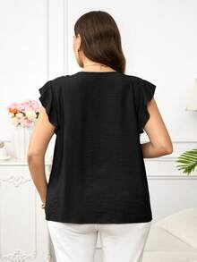 Reflora Blusa suelta de manga corta con textura, patchwork, volantes y encaje para mujer de talla grande, primavera/verano - Negro - Ver 2