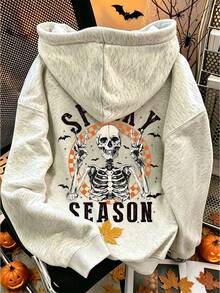 EMERY ROSE Sweatshirt Wanita Ukuran Besar dengan Motif Tengkorak Kartun Halloween, Cocok untuk Sehari-hari dan Pesta Musim Dingin - Light Grey - View 3