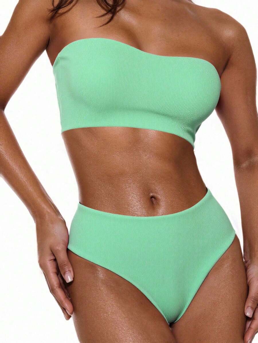 Swim Basics Summer Beach Women's Bikini Set With Solid Color, Back Strappy Details - Mint Green - View 1