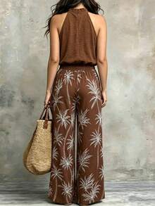 SHEIN LUNE CURVE Plus Size Women's Summer Casual Tropical Vacation Set: Sleeveless Solid Color Halter Top And High Waist Wide Leg Printed Pants Two Pieces Set Brown - Brown - View 2