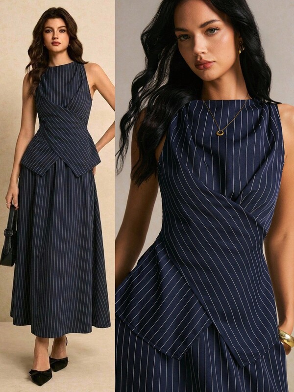 Poéselle Women's Striped Criss-Cross Design Sleeveless Shirt And Skirt Casual 2 Pieces Set