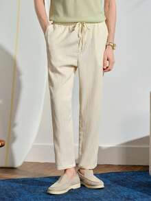 VeloEdit Pantalon décontracté ample à jambes droites en lin tissé de couleur unie pour hommes, style plage, détente et vacances - Nude - Voir 2