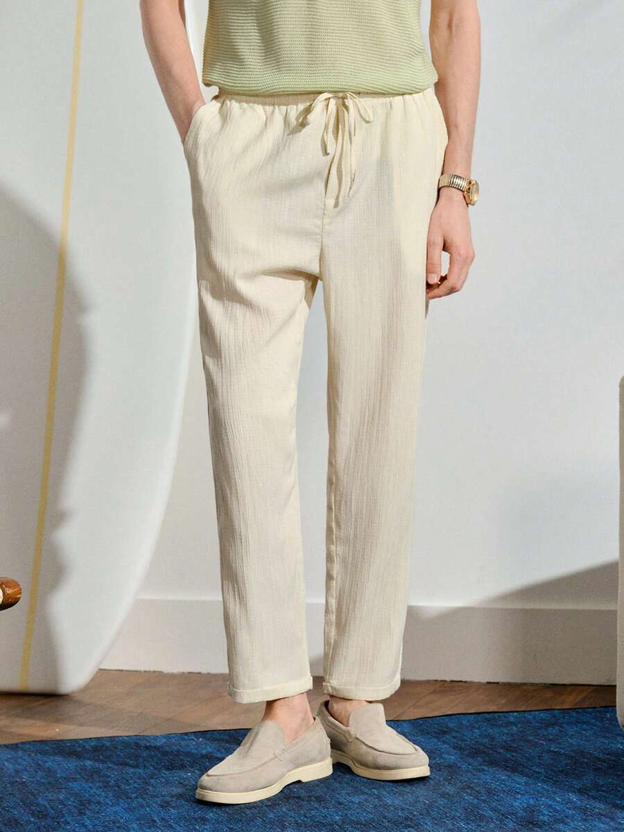 VeloEdit Pantalon décontracté ample à jambes droites en lin tissé de couleur unie pour hommes, style plage, détente et vacances