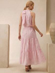 Anewsta 春夏優雅重工刺繡設計高端綁帶細節女款洋裝 - 粉色 - 查看 7