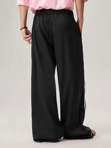 Men's Wide Leg Printed Drawstring Waist Street Pants, Fall Wide Leg - Black - View 3