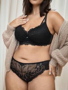 Bralution Lace Push-Up Lift Comfortable Plus Size Lingerie Set - Black - View 7