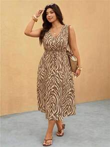 Elaquor Plus Size Vacation Fashion Zebra Print Tie Front V-Neck Dress - Multicolor - View 4
