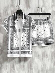 Manfinity Homme Men's Vacation Cashew Pattern Short Sleeve Shirt And Shorts Casual Set - White - View 1