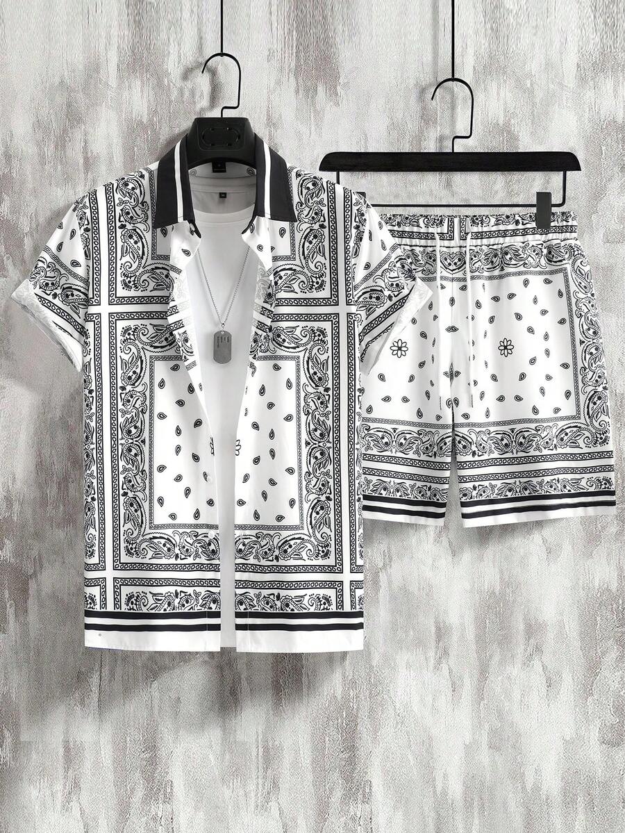 Manfinity Homme Men's Vacation Cashew Pattern Short Sleeve Shirt And Shorts Casual Set - White - View 1