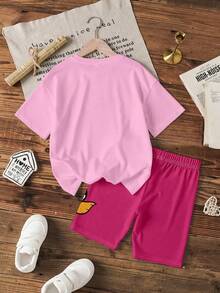 THE POWERPUFF GIRLS X SHEIN Conjunto informal de camiseta de manga corta con estampado de dibujos animados y pantalones cortos para niña joven - Blanco - Ver 2