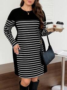 Comfylo Plus Size Women's Round Neck Black And White Colorblock Casual Simple Dates Vacation Dress Birthday Brunch Office Teacher Autumn Fall - Black - View 5
