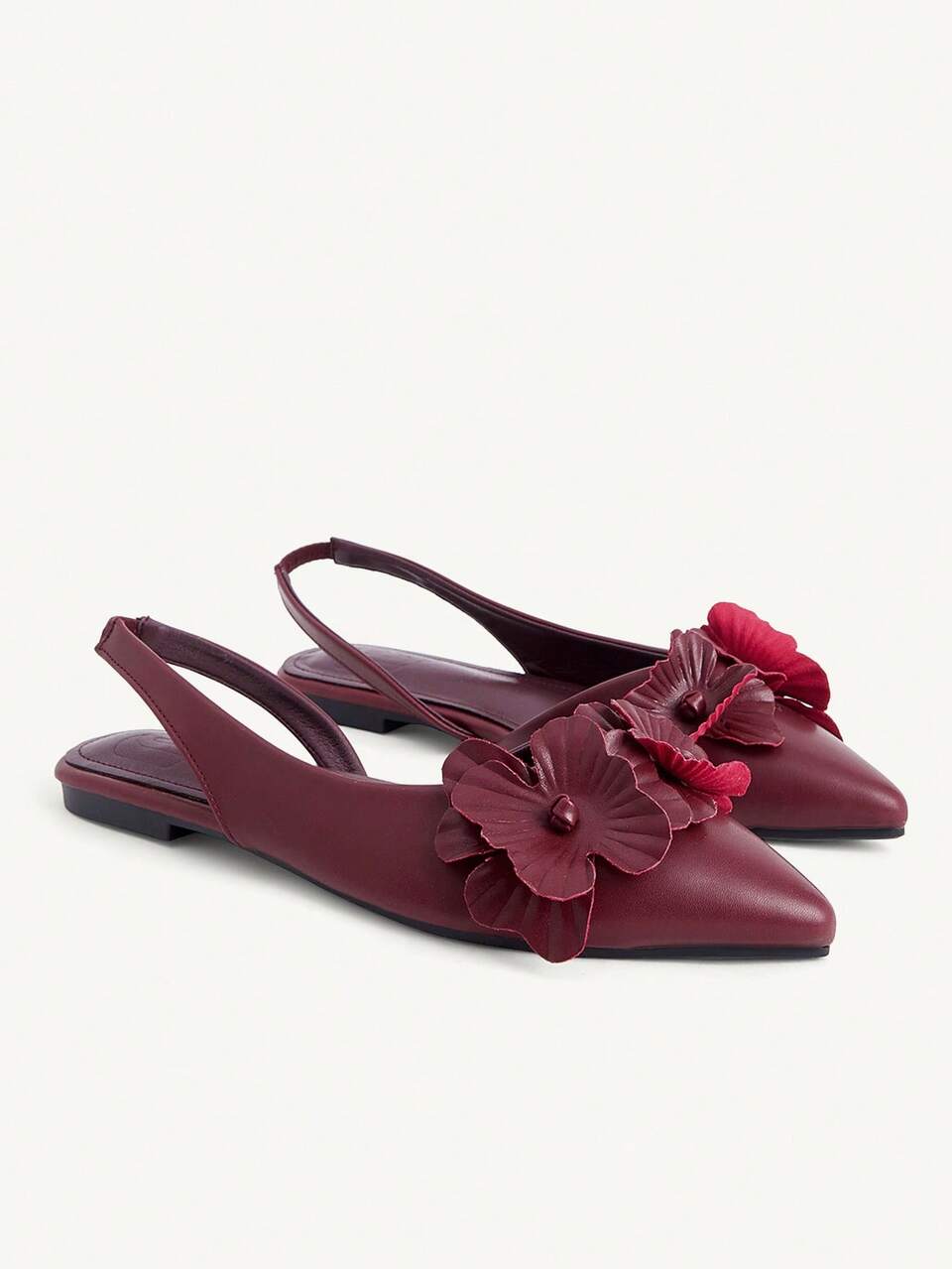 CUCCOO CHICEST Fashion Burgundy Three-Dimensional Flower Flat-Bottomed Pointed Toe Women's Shoes Commuting Versatile Elegant Vacation Women Slingback Shoes