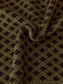 SHEIN Vintage Geo Pattern Contrast Trim Button Front Cropped Knit Cardigan Round Neck Long Sleeve Brown Green Textured Sweater Jacket - Green - View 6