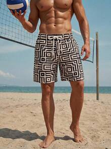 Azuldrift Men's Casual Geometric Print Drawstring Waist Pocket Beach Shorts - Beige - View 3