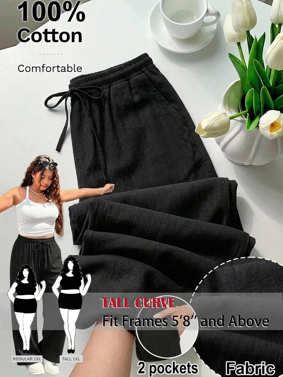 SHEIN Tall CURVE 大尺碼女款純色腰綁帶休閒寬鬆長褲 - 黑色 - 查看 1