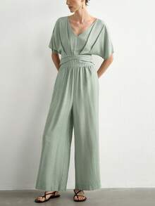 Aalyst Sage Green Linen Relaxed Elegant, Suitable For Workplace Brunch And Daily Wear Crossover Waist Wide Leg Jumpsuit, Luxurious Skin-Friendly Pants Summer - Green - View 4
