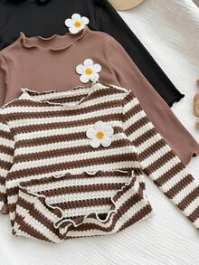 SHEIN 女嬰可愛休閒針織條紋花卉圖案長袖上衣3件套 - 彩色 - 查看 7