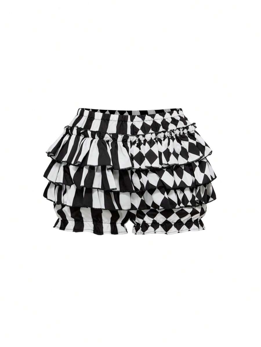 ROMWE Goth Pantalones cortos con diseño de calabaza de payaso a cuadros y rayas en estilo gótico y lindo - Blanco y Negro - Ver 1