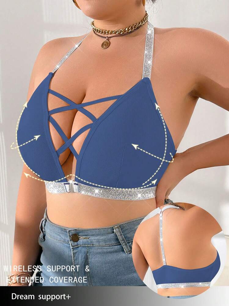 SHEIN Plus Size Front Closure Wireless Bra, 1pc - Teal Blue - View 4