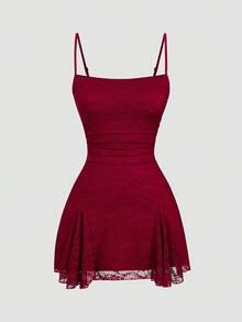 Sweetra Plus Size Romantic Lace A-Line Dress - Burgundy - View 3