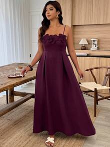 Weeklong Plus Size Women's Spring/Summer Spaghetti Strap Dress With 3D Floral Decor, Cinched Waist, A-Line Casual Elegant Wedding Formal Burgundy - Burgundy - View 8