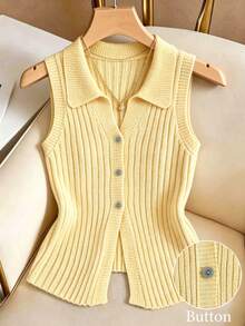 SHEIN Franclia Top de punto elegante con cuello de solapa amarillo claro, multifuncional y de moda minimalista para mujer, suéter de punto sin mangas, top de verano amarillo, chaqueta de punto amarilla, camiseta de tirantes para mujer, top de tela de punto amarilla, top para mujer, top de punto para mujer, último top de punto para mujer, top de tirantes novedoso para mujer - Amarillo - Ver 1