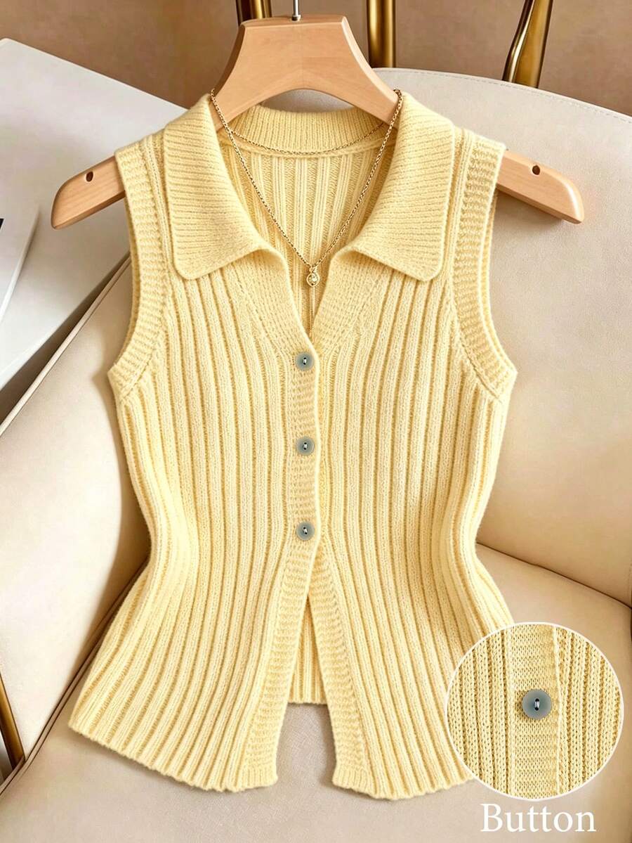 SHEIN Franclia Top de punto elegante con cuello de solapa amarillo claro, multifuncional y de moda minimalista para mujer, suéter de punto sin mangas, top de verano amarillo, chaqueta de punto amarilla, camiseta de tirantes para mujer, top de tela de punto amarilla, top para mujer, top de punto para mujer, último top de punto para mujer, top de tirantes novedoso para mujer - Amarillo - Ver 1