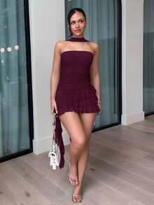 leahseptember Women's Solid Color Casual Mini Tube Dress For Party & Outing,Dresses For Women Summer Elegant - Maroon - View 2
