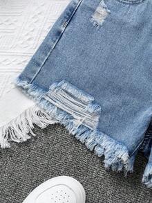 Girls' Denim Shorts, Light Blue Washed Distressed Frayed Hem Denim Shorts, Asymmetrical Elastic Waist Design, Loose Fit Casual Versatile Y2K Summer Street Style Girls' Shorts, Suitable For Daily Outings, School, Commuting, Summer Vacation, Outdoor And More Occasions - Blue - View 6