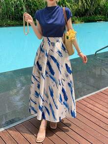 DAZY Women's Elegant Solid Color Draped Neck Top And Contrast Floral A-Line Skirt 2 Pieces Set, Summer - Blue - View 8