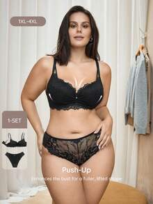 Bralution Lace Push-Up Lift Comfortable Plus Size Lingerie Set - Black - View 1