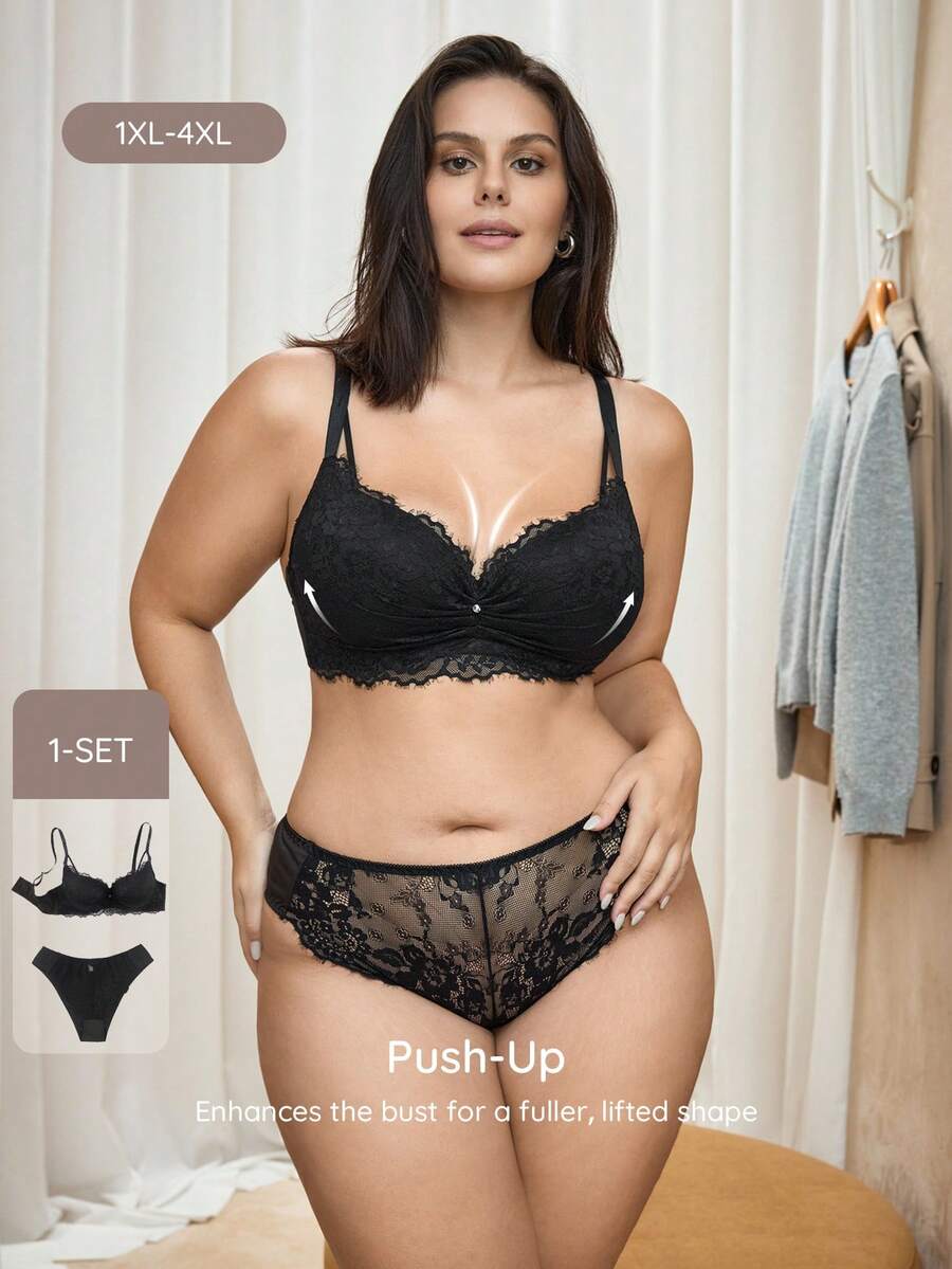 Bralution Lace Push-Up Lift Comfortable Plus Size Lingerie Set - Black - View 1