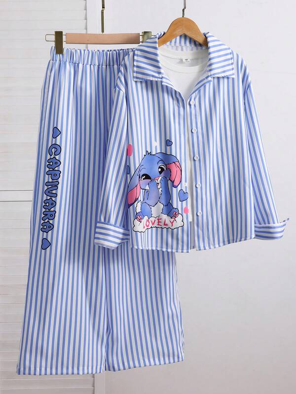 SHEIN Tween Girls 2pcs/Set Blue & White Striped Cartoon , Fresh & Cute Style. Collared Long Sleeve Shirt With Adorable Elephant Print, Paired With