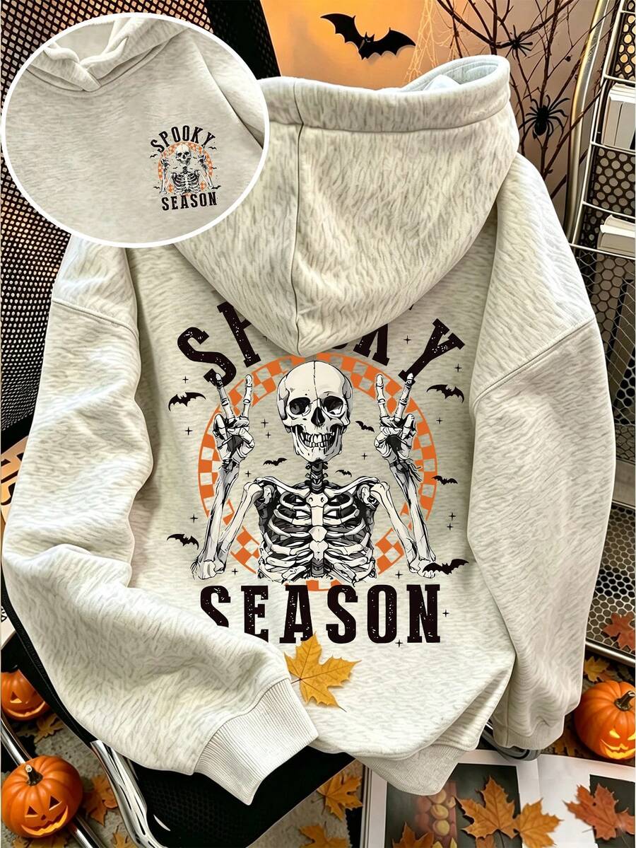 EMERY ROSE Sweatshirt Wanita Ukuran Besar dengan Motif Tengkorak Kartun Halloween, Cocok untuk Sehari-hari dan Pesta Musim Dingin - Light Grey - View 1