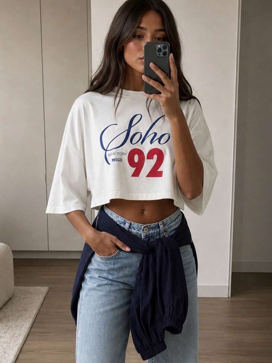 MISSGUIDED Soho New York 92 Graphic Print Cropped Oversized Crew Neck Short Sleeve Sweatshirt Top - White - View 1