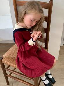 Dazy Kids HELLO KITTY | DAZY Gaun Sweater Anak Perempuan Lengan Panjang Kerah Pelaut Lucu Warna Kontras dengan Motif Kucing KT untuk Musim Gugur - Merah - View 4