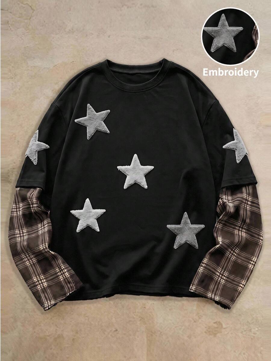 HIMLAND 男士格紋拼接星星刺繡T恤 - 黑色 - 查看 1